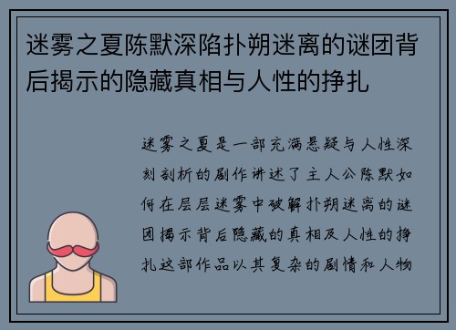 迷雾之夏陈默深陷扑朔迷离的谜团背后揭示的隐藏真相与人性的挣扎